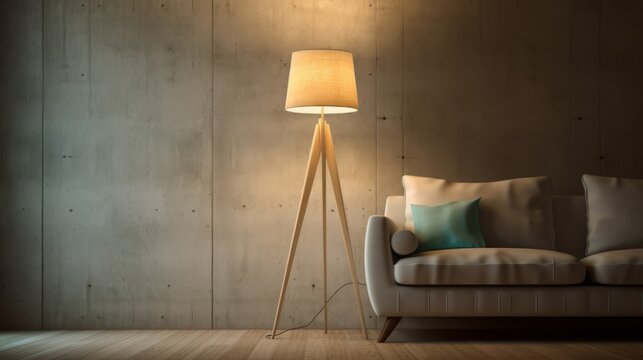 Wooden Floor Lamp In Urban Interior With Concrete Wall