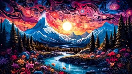 Fototapeta na wymiar Mountains landscape, night, background, colorful, painting. Generative AI