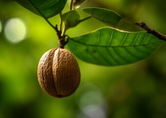 nutmeg still attached to the Myristica fragrans tree, with green leaves in the background - obrazy, fototapety, plakaty