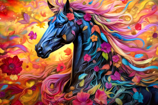 Black horse with flowers, stylized colorful painting, expressive. Generative AI