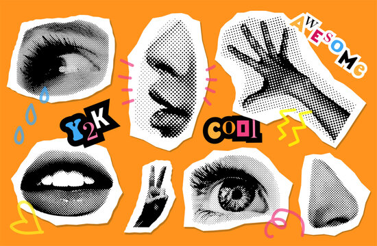 Eyes And Lips And Ear In Halftone Treatment. Collage Design Elements In Trendy Dotted Pop Art Style. Retro Vector Illustration With Vintage Grunge Punk Cutout Shapes.