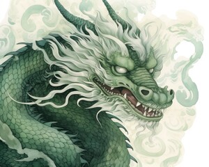 A watercolor print featuring an Asian inspired green dragon, adorned with intricate patterns and delicate brushstrokes