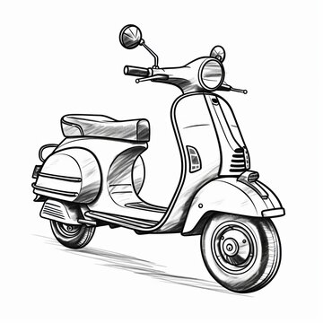 Vintage Hand Drawn Style Drawing Of Moped Scooter On White Background