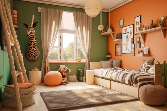 Cozy living room with sofa and chairs. Orange, green and black colors. African eco interior design. Super photo realistic background, generative ai illustrarion