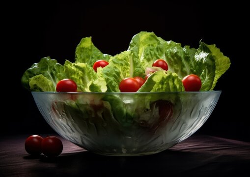 An image of iceberg lettuce in a salad bowl accompanied by cherry tomatoes