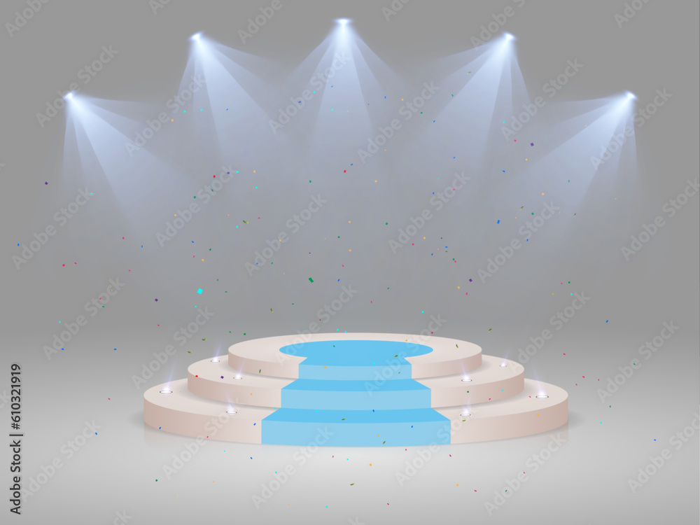 Poster round podium illuminated by light. vector pedestal for product and honoring winners.