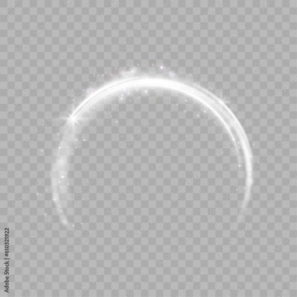 Aufkleber Dynamic white lines with glow effect. Rotating shiny half rings. Abstract sparkling swirl, wave.