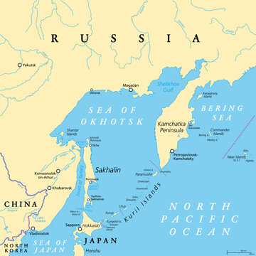 Sea of Okhotsk, political map. A marginal sea of the North Pacific Ocean, located between the Kamchatka Peninsula, the Kuril Islands, Hokkaido, Sakhalin, and a stretch of the eastern Siberian coast.
