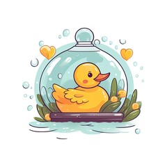 Rubber duck logo for children's companies and other promotional materials. A cute rubber duck under a glass dome, they make a bubble in the form of hearts around. 