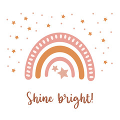 Shine bright illustration. Rainbow in boho style  isolated on white backgound.  Clipart design element for poster, postcard, logo, wallpaper, print. Vector