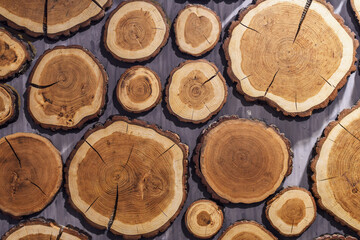 Big and small round teak wood stumps on grey background. © kyrychukvitaliy