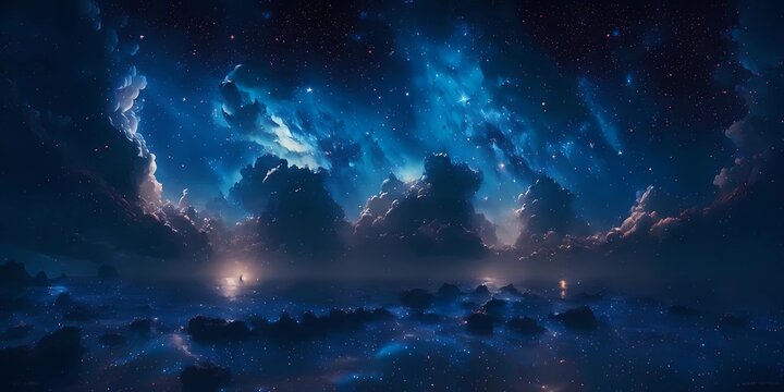 Midnight sky with the Milky way over a deep blue sea, bright stars, bright colors of nebula clouds, AI genered