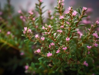 Obraz premium thyme branches with tiny green leaves and small pink flowers against a blurred background