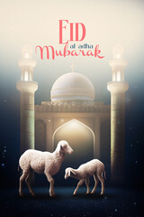 Islamic greetings Eid al adha mubarak social media post 3d realistic style, generative ai