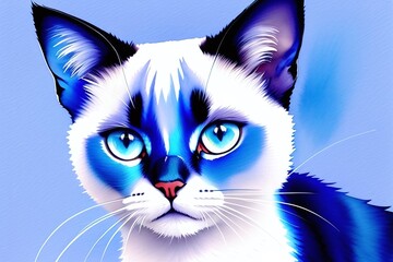 Siamese cat with blue eyes, painted in watercolor. Generative AI