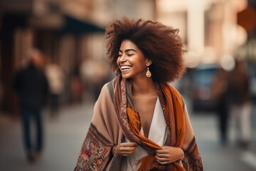 Happy luxury African woman travel shopping in urban city, vibrant, fashion, contemporary, lifestyle, generative AI
