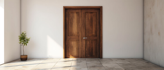 Empty room apartment entrance. simple front wooden door with place for text. Loft interior mockup. Gray concrete texture. Generative ai - obrazy, fototapety, plakaty
