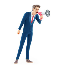 3d cartoon businessman shouting through megaphone