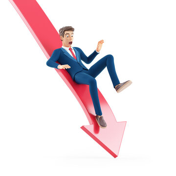 3d cartoon businessman falling off downward arrow