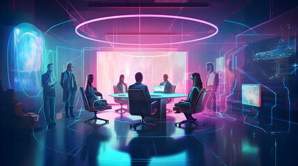 An artistic illustration showcasing a virtual communication platform with avatars of employees interacting in a virtual meeting space. AI Generative