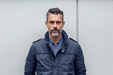 Obraz premium Middle Aged Spanish Male in Blue Shirt and Jacket Standing Opposite the Gray Wall. Generative AI.