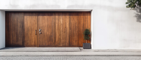 Facade of a modern house with wooden front door, entrance home exterior. patio, backyard in a modern house. doorway. Minimalism. Generative ai