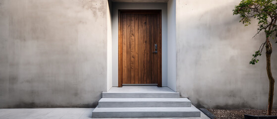 Front doors on street. Mockup with facade of a town building with entrance door. Urban exterior. Loft doorway. Place for text. Minimalism. Generative ai