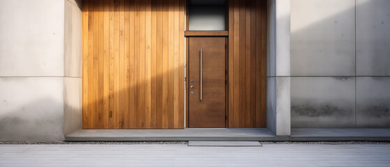 Obraz na płótnie Canvas Front doors on street. Mockup with facade of a town building with entrance door. Urban exterior. Loft doorway. Place for text. Minimalism. Generative ai