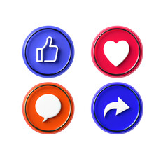 icon 3d social media rendering like, love, comment, share, icon