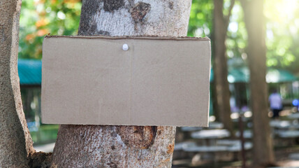 Brown paper copy space sign on a tree trunk, concept for forests and environment saving and preservation       