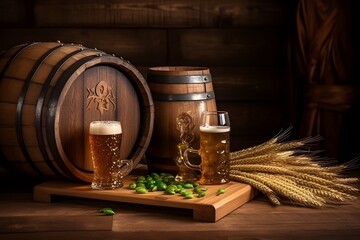 Beer barrel, beer glasses and autumn leaves on a wooden background