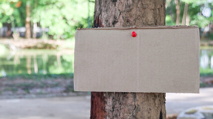 Brown paper copy space sign on a tree trunk, concept for forests and environment saving and...