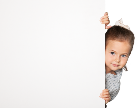 Happy child girl with a white banner
