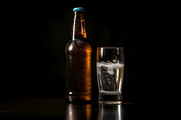 Bottle of Lager beer and glass on black background