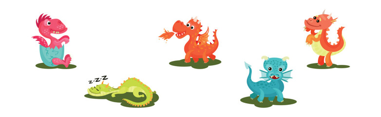 Little Baby Dragon and Newborn Hatched from Egg Vector Set