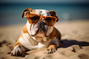 Fototapeta na wymiar Sweet British English bulldog breed in sunglasses sunbathing at seaside resort sand near sea or ocean water. Vacation rest in hot country beach concept. Generative AI Technology