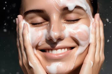 Closeup portrait of young woman cleanses the skin with foam on her face in bathroom - obrazy, fototapety, plakaty