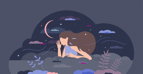 Insomnia problem with sleepless night from frustration tiny person concept. Medical sleepless condition and restless issues because of stress, emotional anxiety or bad habit factor vector illustration - obrazy, fototapety, plakaty