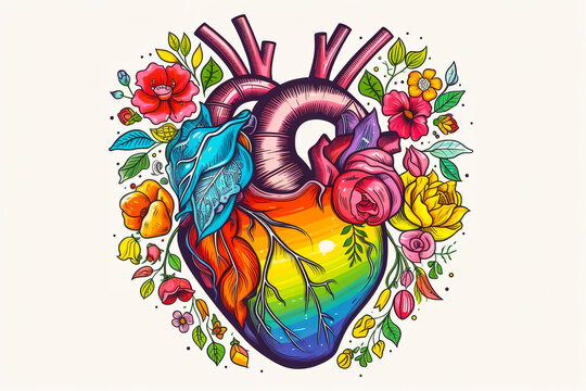 Beautiful anatomical heart vector art with flowers and rainbow colors theme. Abstract colorful digital painting art represents LGBTQ concept. Digital illustration generative AI.