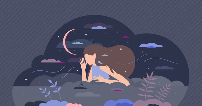 Insomnia problem with sleepless night from frustration tiny person concept. Medical sleepless condition and restless issues because of stress, emotional anxiety or bad habit factor vector illustration