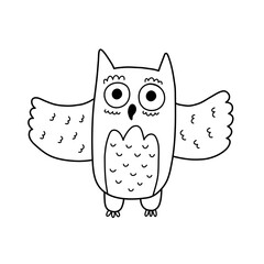 Cute black and white owl print in cartoon style. Funny bird character isolated on white background. Doodle owl for kids and nursery design. Vector illustration