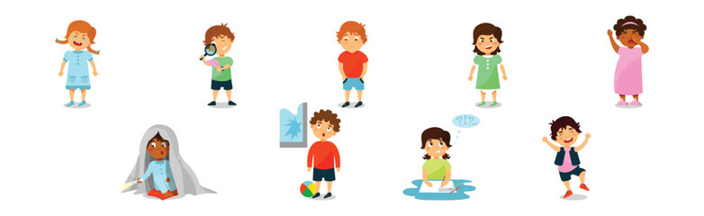 Little Boy and Girl with Bad and Naughty Behavior Vector Set