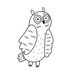 Funny black and white owl character in cartoon style. Cute bird coloring page. Doodle owl print for kids and nursery design. Vector illustration