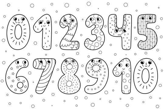 Cute black and white numbers for kids. Outline collection of happy numbers in cartoon style. Educational clipart set for coloring pages. Vector illustration