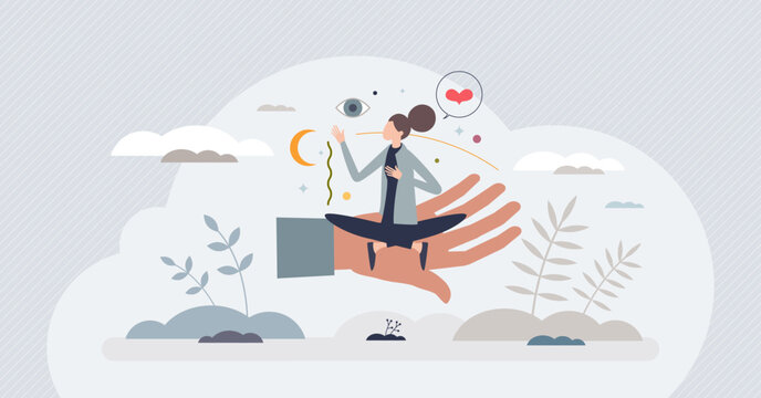 Inner peace with mental balance or psychological wellness tiny person concept. Meditation or yoga posture for mind health practice vector illustration. Wellbeing and relaxation harmony for woman.