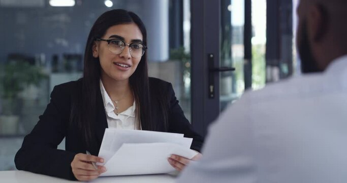 Documents, meeting and business woman, interview and clients discussion, job hiring and recruitment in office. Paperwork, resume or cv of professional people in HR talking, consulting or work advice