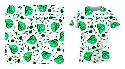 Short sleeved cotton sports t shirt decorated Avocado cutting fruit seamless pattern with leaves and flowers. Comfortable summer clothes. Vector