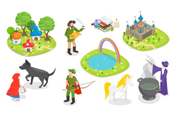 3D Isometric Flat  Set of Fairytale Characters and Items