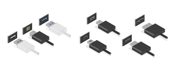 3D Isometric Flat  Set of USB Types