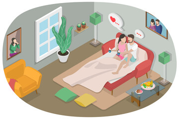 3D Isometric Flat  Conceptual Illustration of Happy Couple